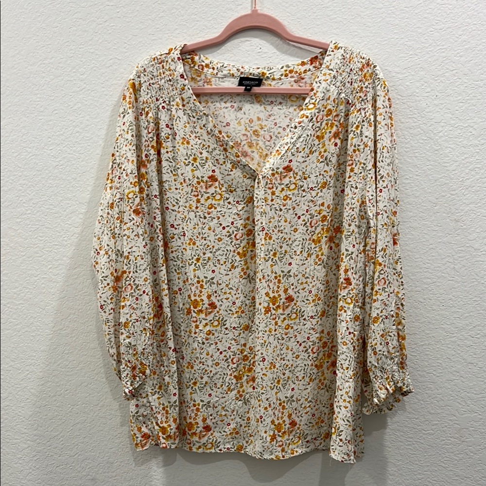JONES & CO‎ JONES NEW YORK Yellow and Orange Ditsy Floral Print Women's Top 2X